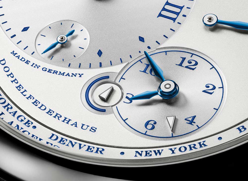 a lange sohne lange fuseaux horaires 25th anniversary dial closeup