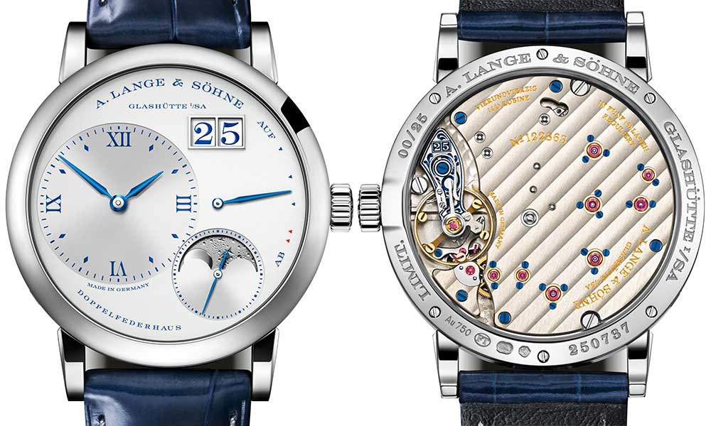 a lange sohne petite lange 1 moonphase 25 th anniversary both views