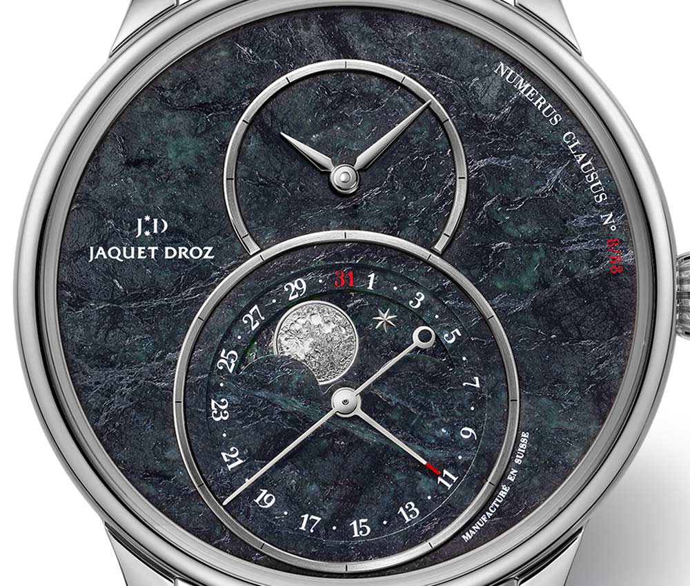 jaquet droz grande seconde moon swiss serpentinite dial closeup